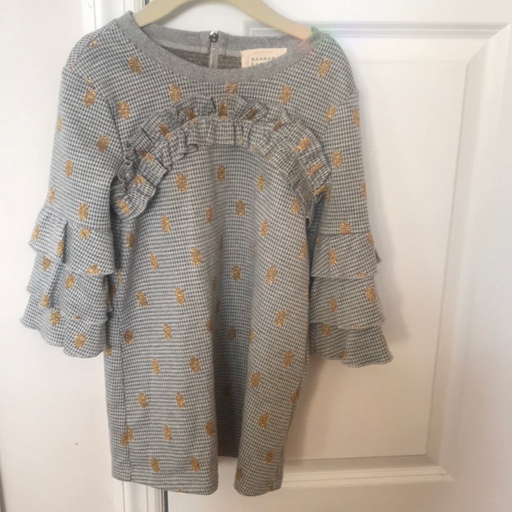Girls dress two tone grey print with gold detail.